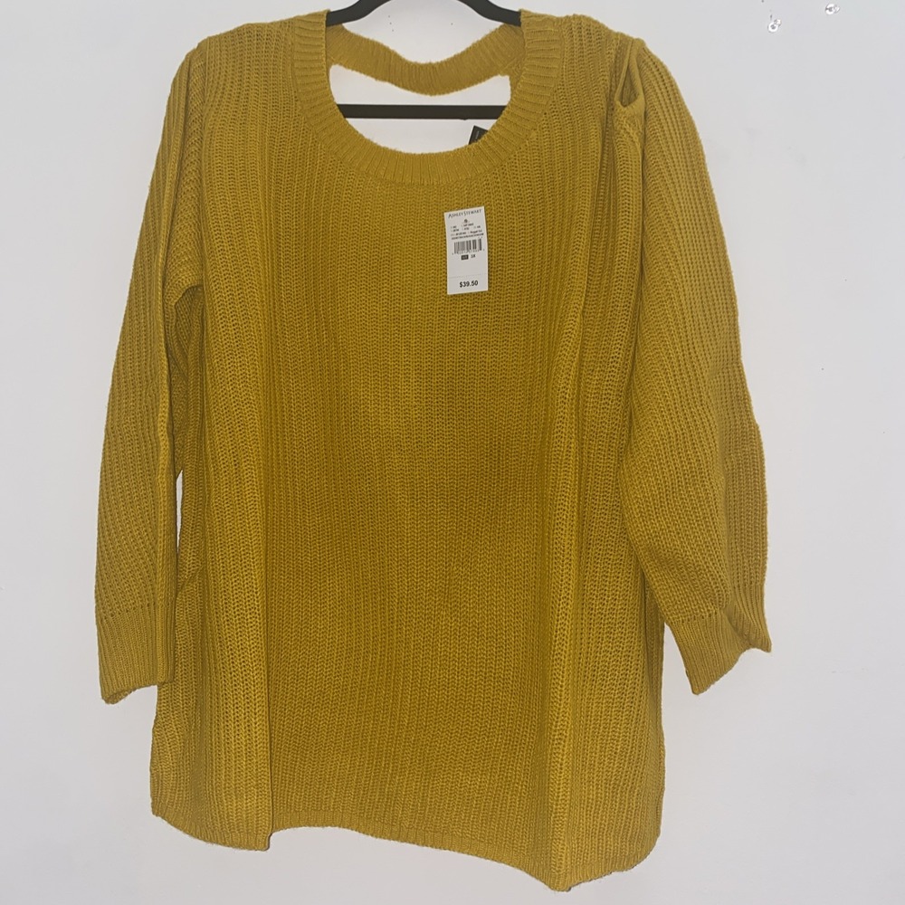 Ashley Stewart Sweater Mustard Yellow NWT 3XL Cut Out Shoulder Cold Shoulder Tie